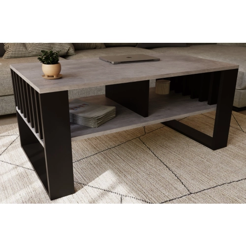 Stolik kawowy ST14 BET z lamelami Ława Beton/Czarny z półką loft